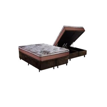 Imagem de Cama Box Baú Queen Sintético + Colchão Caribe Molas Ensacadas Luckspuma 158x198x66 Marrom
