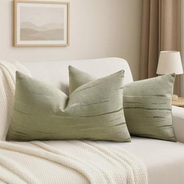 Imagem de HAUSSY Conjunto de 2 capas de almofada verde-oliva 30,5 x 50,8 cm, fronhas decorativas lombares texturizadas em relevo boho macias de chenille, decoração de casa moderna para sofá-cama sala de estar