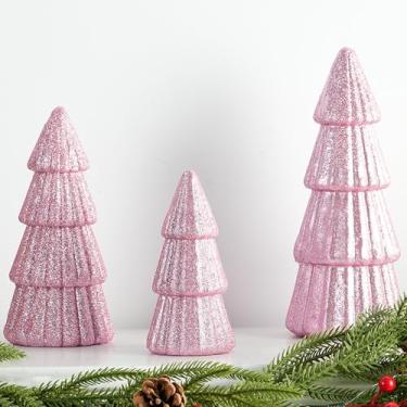 Imagem de Fangoo 3 peças de estatuetas de árvore de Natal de mesa rosa com glitter, decoração de mesa de árvore de Natal, enfeites de árvore de Natal para prateleira, lareira, casa, fazenda, cozinha, festa