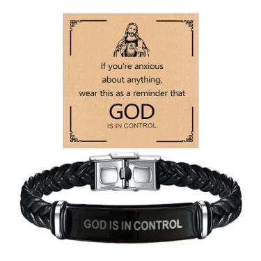 Imagem de ZCVFA Pulseira de couro God is in Control, pulseira trançada de aço inoxidável com barra gravada, pulseira de motivação de autoestima, presente de amizade inspiradora para homens e mulheres, 21 CM