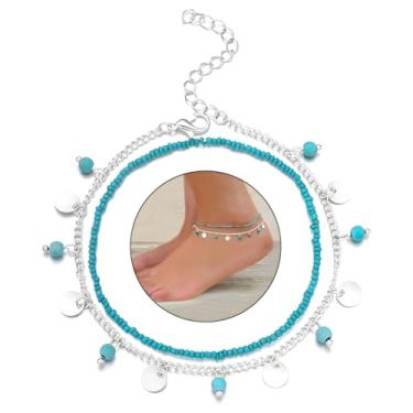 Imagem de Tornozeleira Boho em camadas turquesa para mulheres prata turquesa com contas pulseira de tornozelo vintage praia corrente corrente joias, Moderate type, Liga metálica, Sem Pedra Preciosa