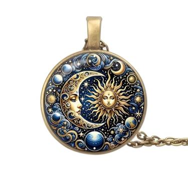 Imagem de Colar com pingente de sol e lua celestial, design de galáxia mística, preto e dourado, corrente de 45 cm com extensão de 5 cm, medalhão redondo de 2,5 cm, Adjustable, Aço inoxidável, Zircônia cúbica