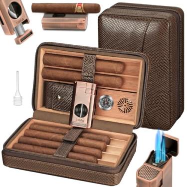 Imagem de TISFA Umidor de viagem de charutos para charutos Umidor portátil para charutos com isqueiro tudo em um, umidificador de charuto, higrômetro, conjunto de acessórios para charutos, caixa de charutos