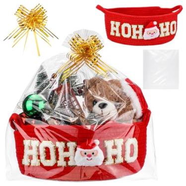 Imagem de FoldTier 1 conjunto de cesta vazia de Natal para presentes com laços, linda cesta de tecido vermelho de Papai Noel com alça sacos de celofane transparente para decoração de casa