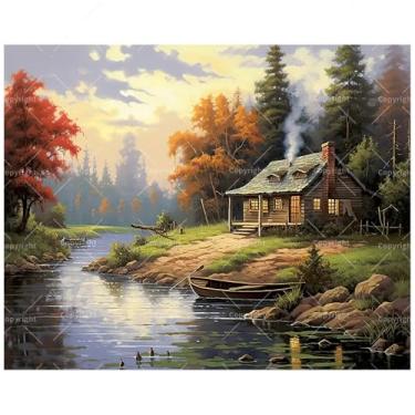 Imagem de Kit de pintura de paisagem por números para adultos – DIY Cozy Cabin by Autumn River Painting on Canvas 40 x 50 cm, conjunto de tinta acrílica, adequado para iniciantes, arte de natureza rústica para