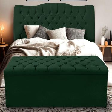 Imagem de Kit Cabeceira E Calçadeira Baú Dunas Casal 140 Cm - Veludo Verde