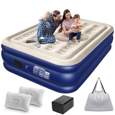 Imagem de Trailabo Colchão Inflável Queen Size 205 * 155CM com Bomba de ar Elétrica Recarregável Embutida, Inflação e Deflação Rápidas e Automáticas, para Viagens e Acampamentos (Azul e Branco)