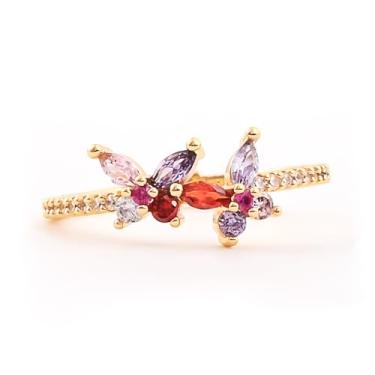 Imagem de ORIGENCE Anéis de borboleta para mulheres banhado a ouro 14K com cristal colorido roxo rosa CZ anel de ouro delicado anéis modernos para mulheres, joias empilháveis fofas, presente para ela, 7, Sem