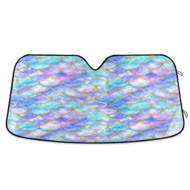 Imagem de ATTX Escamas de sereia coloridas para para-brisas de carro 144.8 cm x 80.0 cm Escudo solar universal com proteção UV, persiana de janela frontal automática dobrável para Sedans SUVs caminhões #100