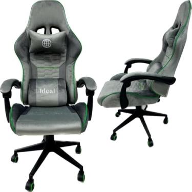 Imagem de Cadeira Gamer Giratória com Reclinação, Veludo Cinza com Detalhes Verde, Ajuste de Altura, Braços Reclináveis, 55x138x57 cm