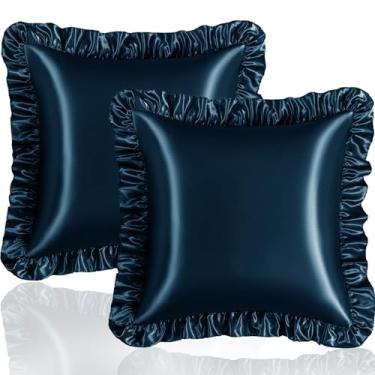 Imagem de Eychei Conjunto de 2 fronhas de travesseiro azul escuro com babados de cetim, 66 x 66 cm para cabelo e pele, fronha de seda com fecho de envelope, fronha com babados antirugas para sofá, cama
