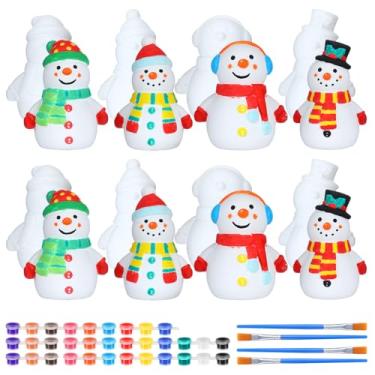 Imagem de Thyle 8 conjuntos de bonecos de neve de cerâmica para pintar boneco de neve de Natal 3D, kit de pintura faça você mesmo, sem pintura, gesso de inverno com bolsa de pincel, para presente de festa