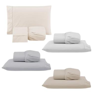 Imagem de Kit 4 Jogos de Lençol com Elástico e Fronhas Bordadas em Ponto Palito, 1 Casal King 203x193x40cm e 3 Solteiros 188x88x30cm (4 Jogos Versat (King:Palha e Solteiros:Cinza/Branco/Cáqui))