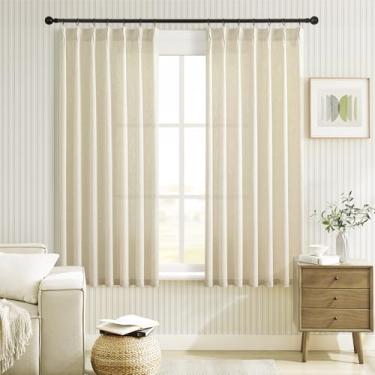 Imagem de Cortinas de cozinha de linho natural 113 cm de comprimento com aba plissada nas costas, mistura de linho, 2 conjuntos de cortinas de porão para janela pequena, creme marfim, curto, boho