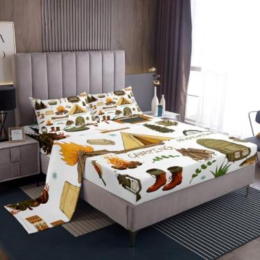 Imagem de Manfei Jogo de lençol casal Happy Camping, para decoração de quarto de meninos e meninas, tempo de aventura ao ar livre, marrom e branco, 4 peças (elástico + plano + 2 fronhas)