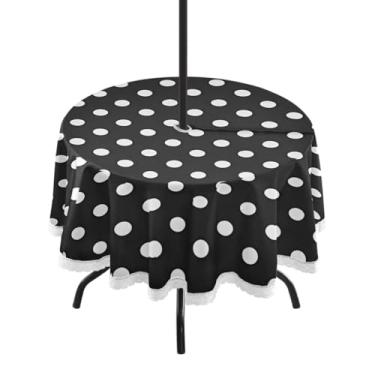 Imagem de Qilmy Toalha de mesa redonda à prova d'água de bolinhas de 152 cm com orifício para guarda-chuva e zíper – uso externo / interno resistente para pátio, churrascos, piqueniques, festas (serve para