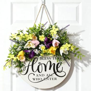 Imagem de Kathfly Placa de boas-vindas para a porta da frente Bless This Home and All Who Enter Placa de 30 cm Jesus Cristão Redondo Rústico Guirlanda de madeira para pendurar na parede, presente para casa