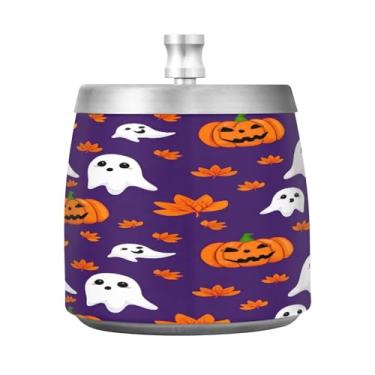 Imagem de Qilmy Cinzeiro Happy Ghosts de aço inoxidável com tampa - Cinzeiro de cigarro à prova de vento sem cheiro sem fumaça para casa, escritório, carro, pátio, varanda (uso interno e externo)