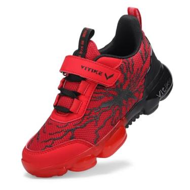 Imagem de VITUOFLY Tênis de corrida infantil para meninos e meninas de malha para treinamento interno leve para esportes ao ar livre tênis esportivo para crianças pequenas/grandes, Vermelho/preto-8292, 15