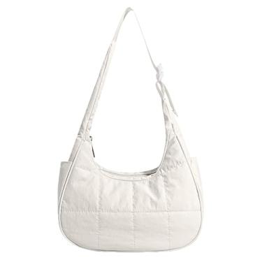 Imagem de Bolsa de ombro pequena crescente para mulheres, bolsas acolchoadas de nylon, bolsas casuais, bolsa fofa, com alça ajustável, Branco, One Size