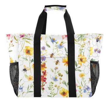 Imagem de ODAWA Bolsa de lona de grande capacidade para compras, organizador esportivo, sacolas de compras de natação duráveis, flores silvestres em aquarela, Flores silvestres em aquarela, One Size