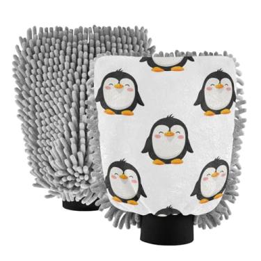 Imagem de ODAWA Luvas reutilizáveis de microfibra chenille para lavagem de carro, pacote com 2, pinguins de desenho animado branco, 20,5 cm C x 30 cm L