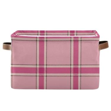Imagem de Caixa de armazenamento dobrável com alças – 36 cm x 26 cm cestas de armazenamento de lona de tecido dobrável para prateleiras, home office retrô rosa xadrez listra 1 unidade