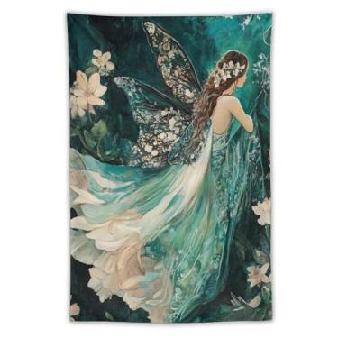 Imagem de Tapeçaria de jardim de fadas azul vintage para pendurar na parede esmeralda floresta etérea mulher borboleta asas arte para quarto sala de estar dormitório apartamento Boho Fairycore decoração