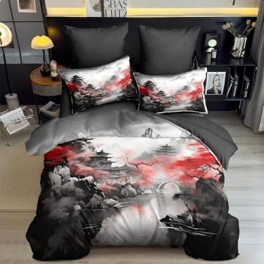 Imagem de CCoutueChen Conjunto de edredom asiático, tamanho casal, chinês, oriental, para meninas, meninos, pintura de paisagem, conjunto de colcha - 3 peças de microfibra macia e fofa com 2 fronhas (79 x 90)
