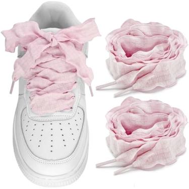 Imagem de Lacesgian Lindos cadarços de fita com babados, 2,5 cm de largura e cauda de peixe plissada, cordões coloridos para meninas e adolescentes, Sakura rosa, 63"/160cm