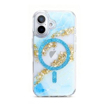 Imagem de Teayoha Capa com glitter para iPhone 16 Pro, capa de telefone brilhante brilhante de luxo compatível com MagSafe, capa transparente com detalhes em folha dourada 3D mármore para mulheres, meninas