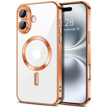 Imagem de Hython Capa magnética transparente para iPhone 16 com protetor de lente de câmera [compatível com MagSafe] Capa protetora de TPU macio de borda de revestimento de luxo para iPhone 16 de 6,1 polegadas