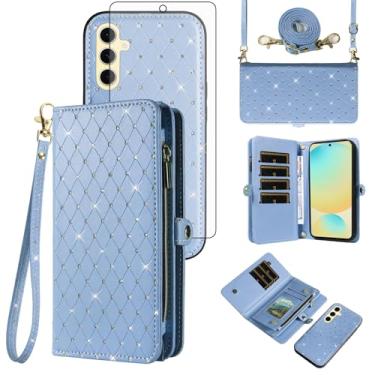 Imagem de Capa de celular para Samsung Galaxy S24 FE 5G carteira com zíper destacável com protetor de tela de vidro temperado alça transversal com glitter flip compartimento para cartão S 24 EF S24FE 24S