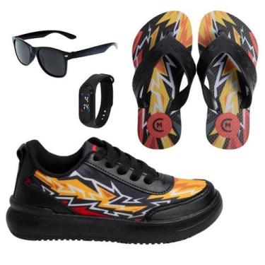 Imagem de Tênis Casual Infantil Masculino Chumbo/Preto/Fogo +Chinelo+Óculos+Reló