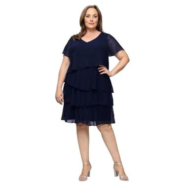 Imagem de S.L. Fashions Vestido feminino plus size de chiffon com decote em V e ombros de contas e camadas assimétricas, Azul-marinho novo, 48