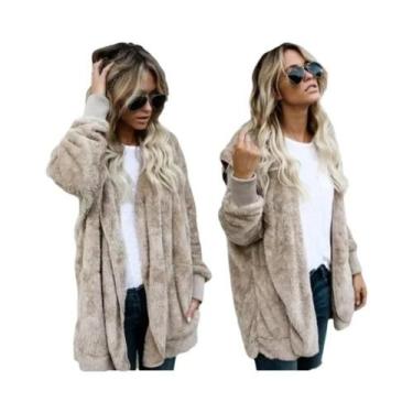 Imagem de Casaco Cardigan Feminino Oversized Com Capuz Duplo De Fleece, Manga Lo
