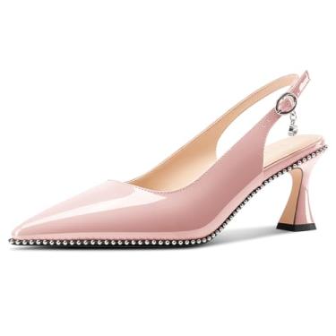 Imagem de TNYNFBEB Sapato feminino de salto gatinho bico fino com contas e fivela sem cadarço vestido de festa básico clássico couro envernizado salto de 6 cm, rosa, 42