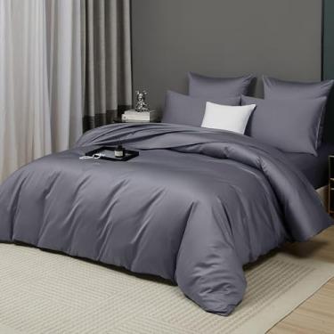 Imagem de YASMENG Conjunto de capa de edredom de cetim 100% algodão de fibra longa cinza tamanho Queen 3 peças de luxo 600 fios algodão puro orgânico durável qualidade hotel conjunto de cama macio sedoso cetim