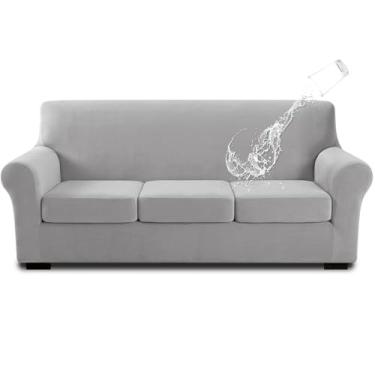 Imagem de NICEEC 4 capas de sofá elásticas de elastano repelente de água para sofá de 3 almofadas para sofá de animais de estimação, macias para sala de estar, protetor de móveis lavável (cinza claro)