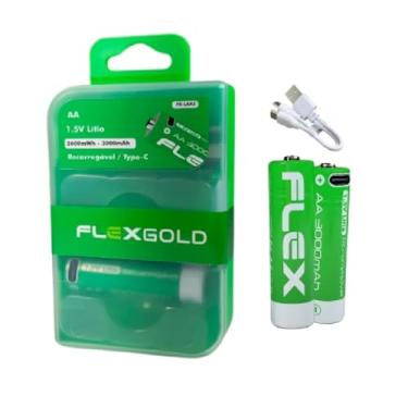 Imagem de 2 Pilhas Recarregáveis Flex AA 1.5V de Lítio 3000mAh com Carregamento Direto via Cabo USB-C e LED Indicador de Carga mais Case Porta Pilhas