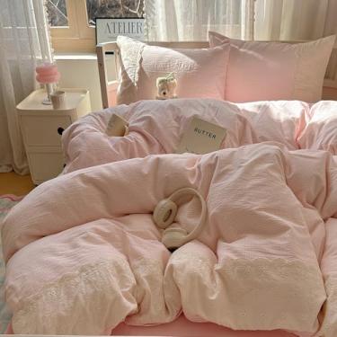 Imagem de LifeTB Jogo de cama casal de guingão rosa, macio, romântico, de renda, xadrez, xadrez, 3 peças, rosa quadriculado, casa de fazenda, edredom com 2 fronhas