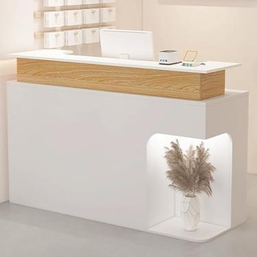 Imagem de Mesa de recepção moderna com balcão, mesa de balcão frontal elegante com gaveta e armário de armazenamento, balcão de caixa para escritório de loja, branco (100 x 50 x 100 cm)