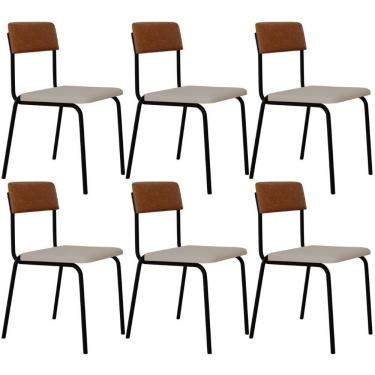 Imagem de Kit 06 Cadeiras Estofada Para Sala De Jantar Sense Preto C01 Linho Palha Courino Caramelo - Lyam Decor