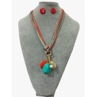 Imagem de Colar feminino fio resina pedras cristais kit brinco luxo - MLBpel, La