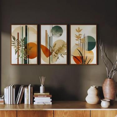 Imagem de Kit 3 Quadros Boho Abstrato Folhagem Nude com Moldura - Zarco Interior