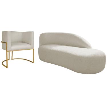 Imagem de Kit Divã Luna 140cm Lado Direito E 01 Poltrona Base De Ferro Dourado Bouclé Bege