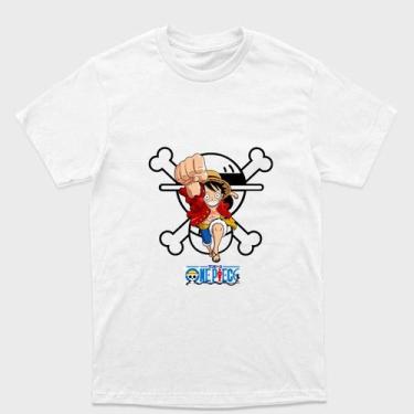 Imagem de Camiseta Branca One Piece  Monkey D. Luffy Em frente a bandeira Tamanh