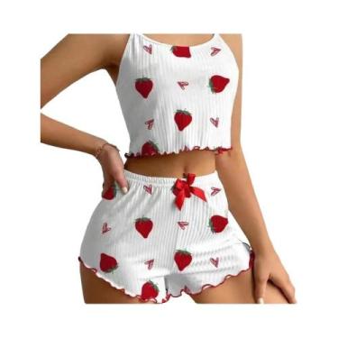 Imagem de Conjunto De Pijama Feminino De Malha Canelada Com Estampa De Morango E