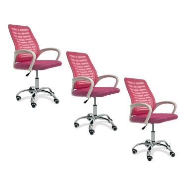 Imagem de Kit 3 Cadeiras De Escritório Esteirinha Mesh Ergonômica Giratória Rosa