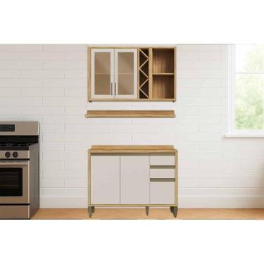 Imagem de Cozinha Completa Kit Tempranillo C3P43 4 Portas 3 Gavetas MDF Amêndoa Off White com Arm...